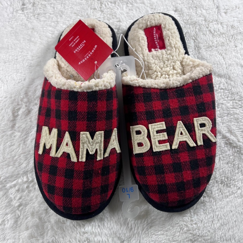 Wondershop Womens Mama Bear Plaid Slippers Large 9 10 Red Black Sherpa Lined